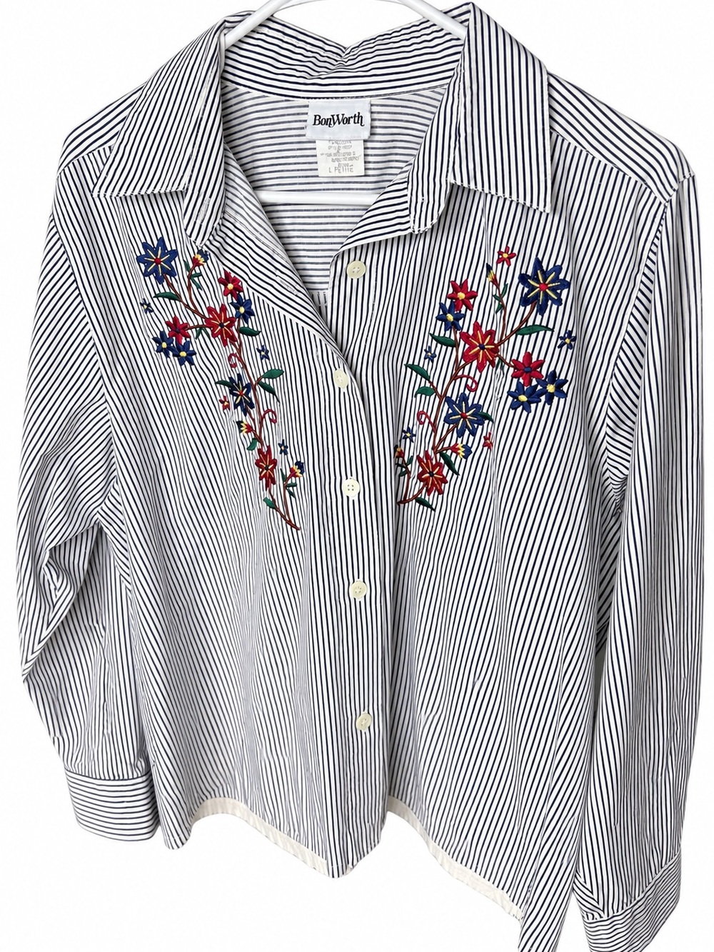 BonWorth Embroidered Floral Pinstripe Button Down Shirt Vintage Cottagecore